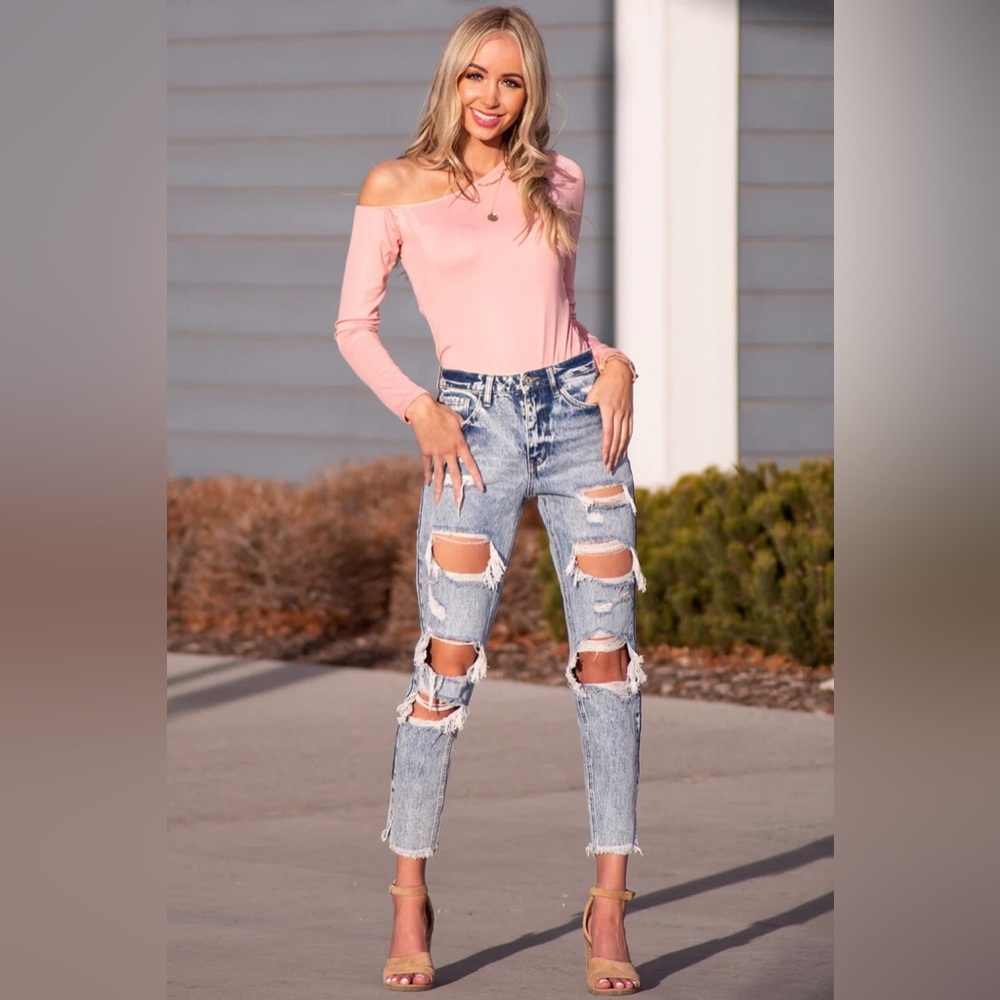 Light Acid Wash High Rise Distressed Boyfriend Jeans